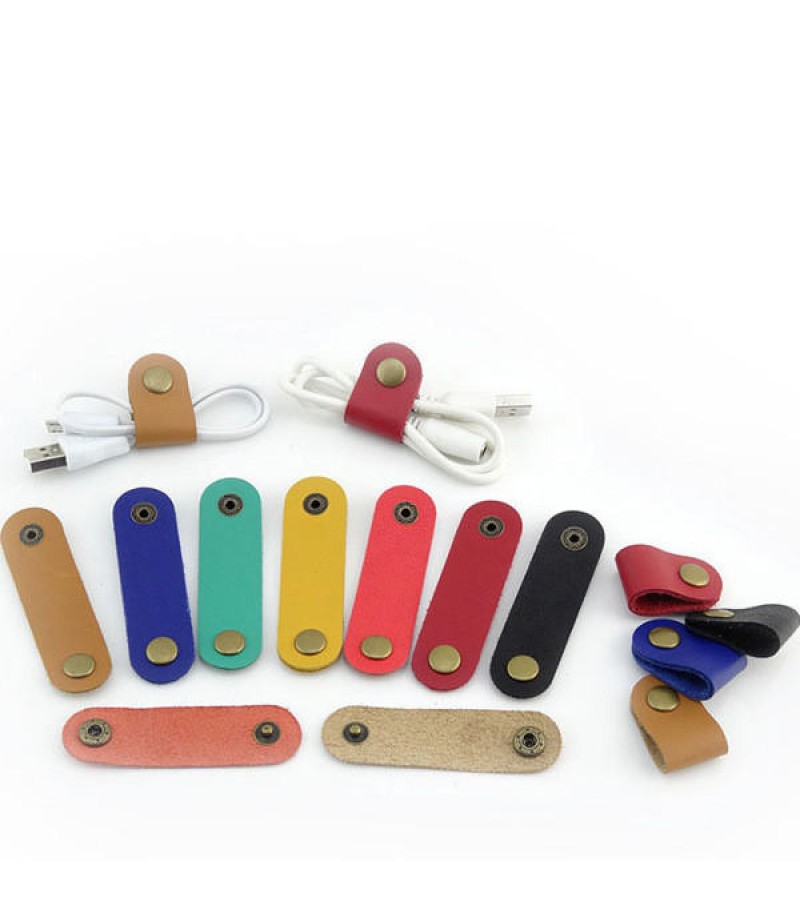 Soft Leather Snap Fastener Earphone Wire USB Cable Organizer Bobbin Winder