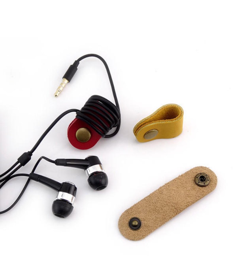 Soft Leather Snap Fastener Earphone Wire USB Cable Organizer Bobbin Winder