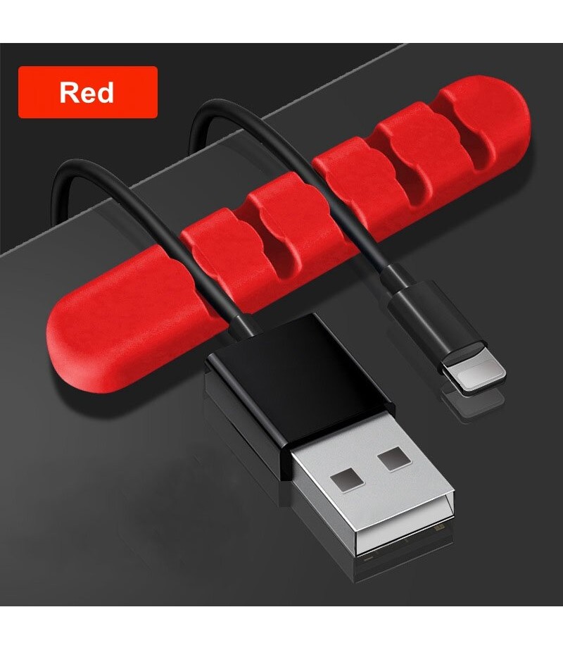  5-Channel Silicone Wire Clip Holder Earphone USB Cable Cord Winder Wrap Cable Organizer Management - Red