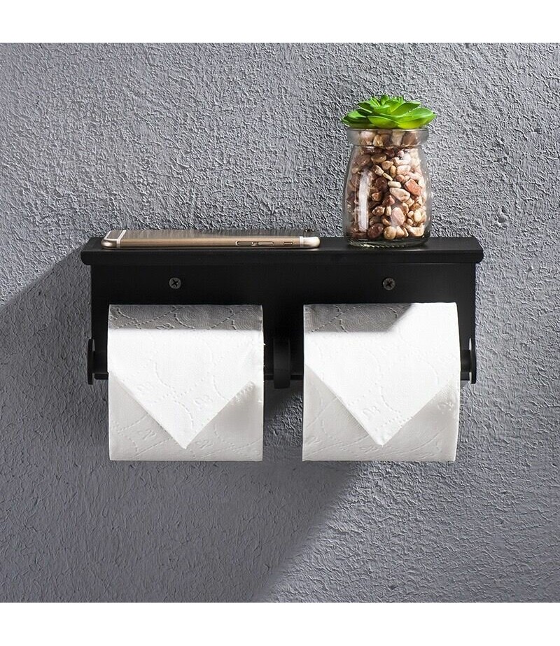 Double Roll Stainless Steel Toilet Wall Mount Mobile Phone Holder Paper Shelf