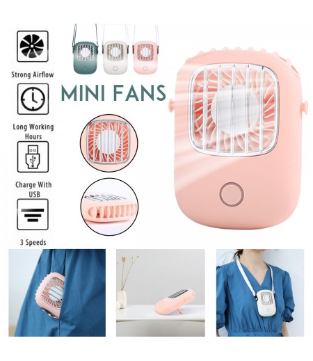 Handheld/ Desktop/ Hanging Neck USB Rechargeable 3-Gear Wind-Speed Mini Pocket Fan - White