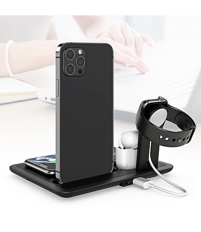 5-IN-1 15W Qi Wireless Charger Charging Pad Stand Dock Mobile Phone Holder Stand for iPhone iWatch Airpods - Black