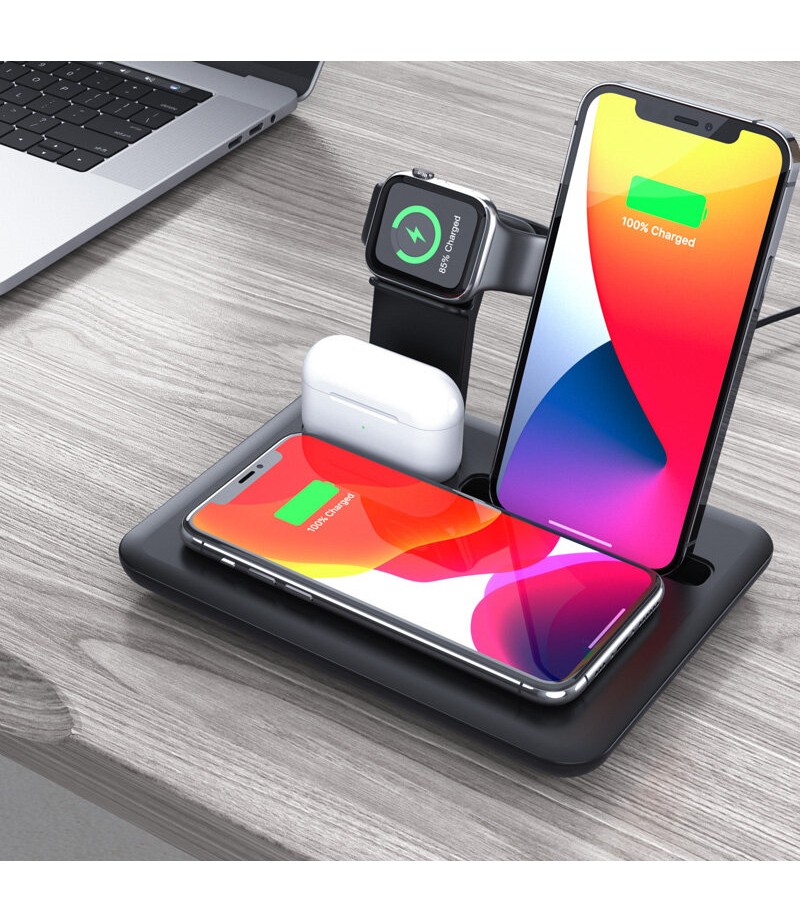 5-IN-1 15W Qi Wireless Charger Charging Pad Stand Dock Mobile Phone Holder Stand for iPhone iWatch Airpods - Black
