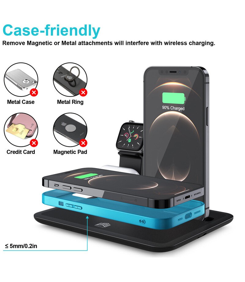 5-IN-1 15W Qi Wireless Charger Charging Pad Stand Dock Mobile Phone Holder Stand for iPhone iWatch Airpods - Black