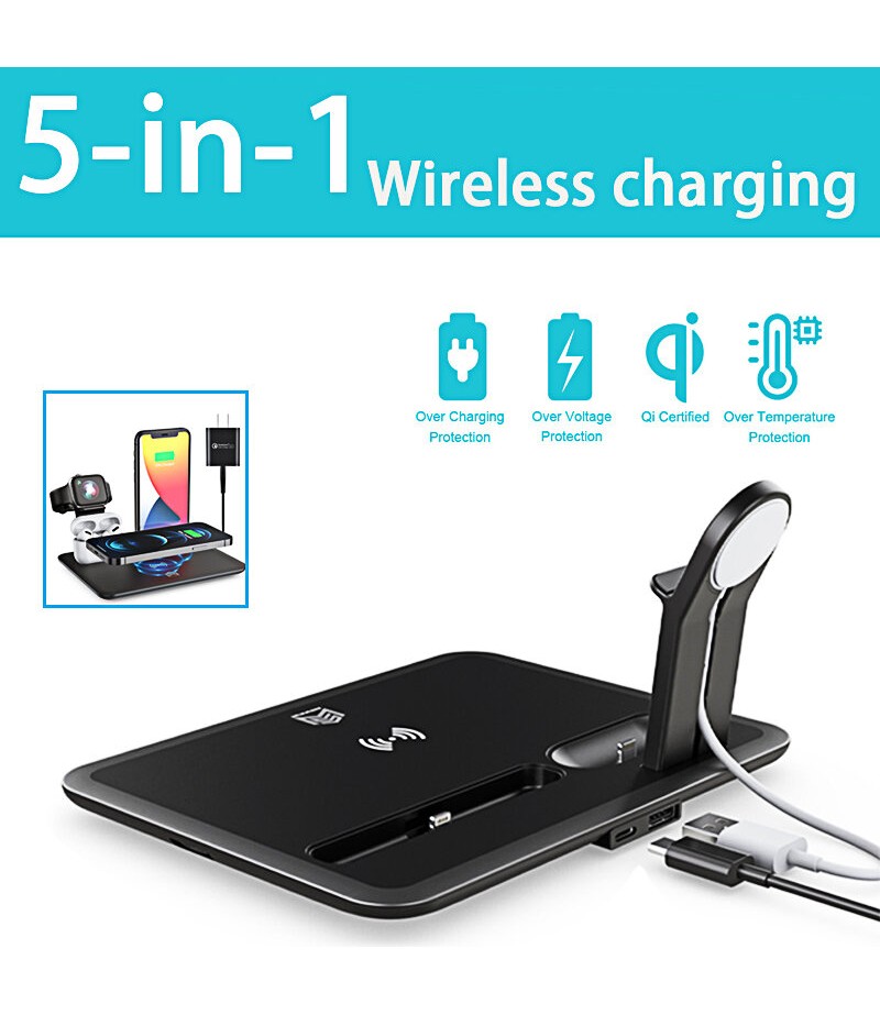 5-IN-1 15W Qi Wireless Charger Charging Pad Stand Dock Mobile Phone Holder Stand for iPhone iWatch Airpods - Black