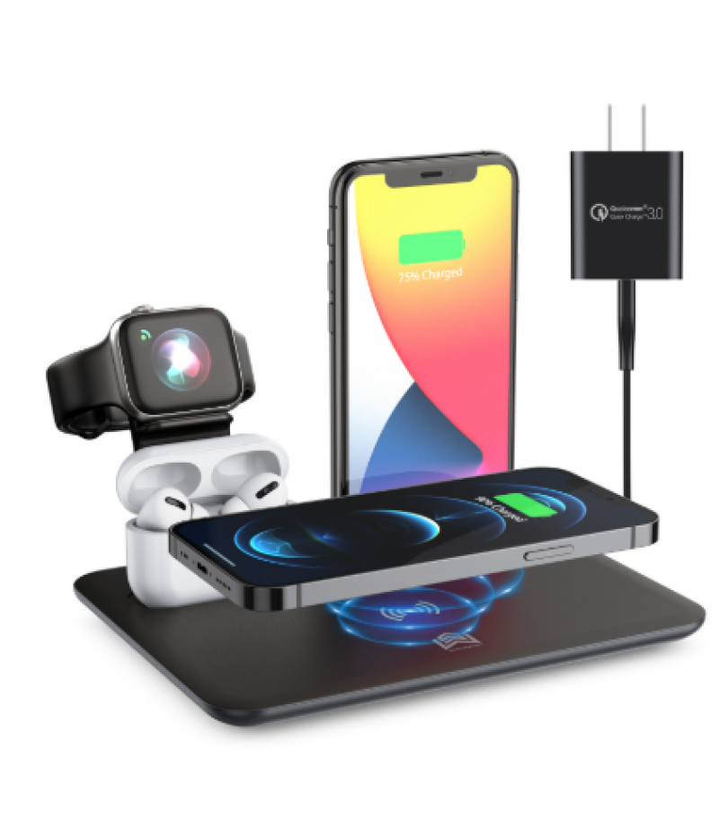5-IN-1 15W Qi Wireless Charger Charging Pad Stand Dock Mobile Phone Holder Stand for iPhone iWatch Airpods - Black