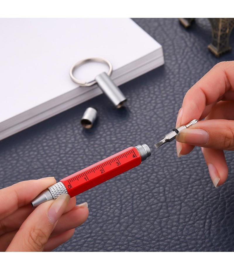 Practical Retro Metal Multifunctional 6 in 1 Screwdriver Ballpoint Pen Touch Screen Capacitive Pen Keychain with Ruler -  Red