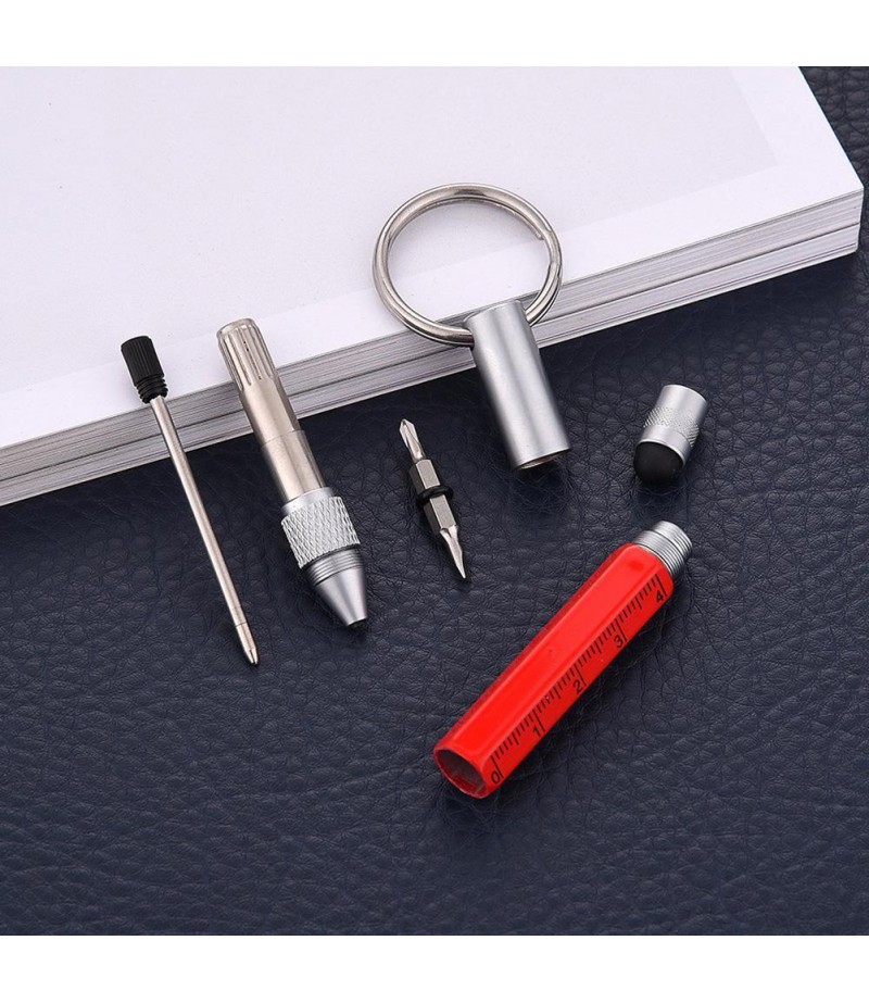Practical Retro Metal Multifunctional 6 in 1 Screwdriver Ballpoint Pen Touch Screen Capacitive Pen Keychain with Ruler -  Red