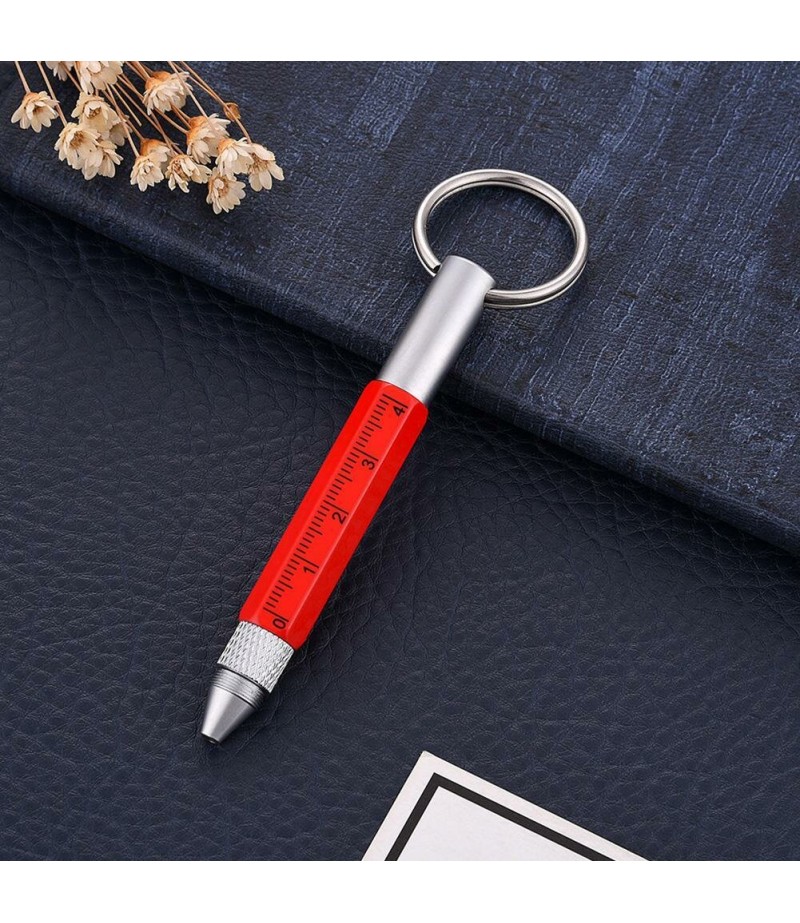 Practical Retro Metal Multifunctional 6 in 1 Screwdriver Ballpoint Pen Touch Screen Capacitive Pen Keychain with Ruler -  Red