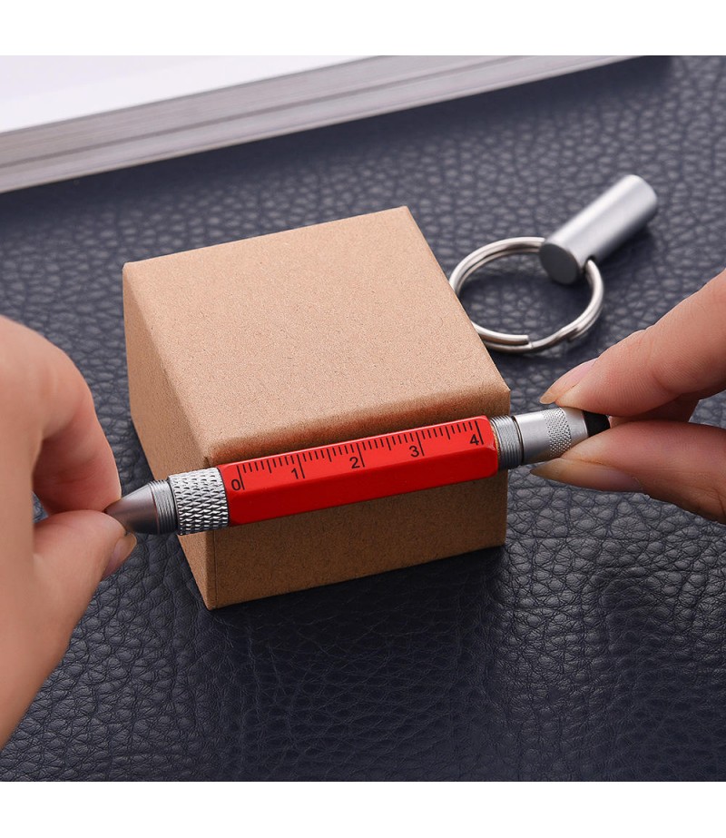 Practical Retro Metal Multifunctional 6 in 1 Screwdriver Ballpoint Pen Touch Screen Capacitive Pen Keychain with Ruler -  Red