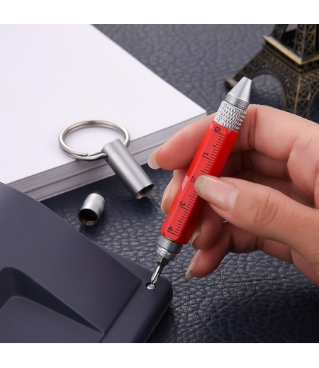 Practical Retro Metal Multifunctional 6 in 1 Screwdriver Ballpoint Pen Touch Screen Capacitive Pen Keychain with Ruler -  Red