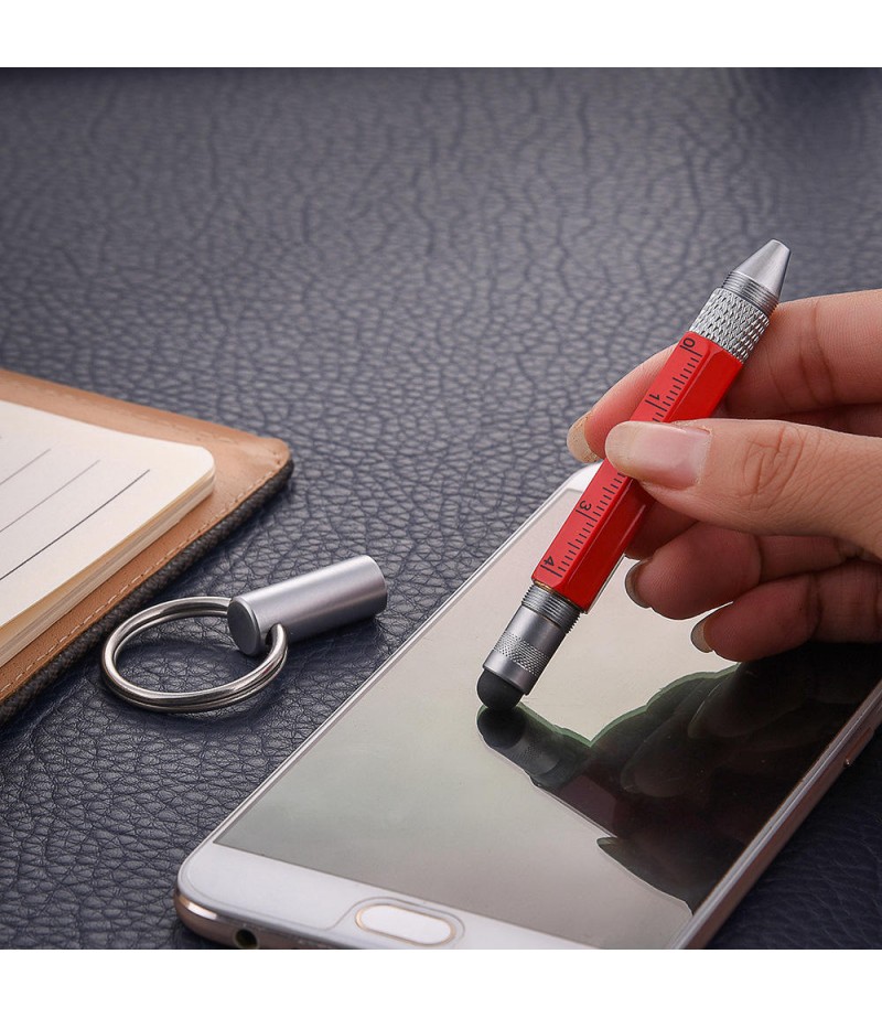 Practical Retro Metal Multifunctional 6 in 1 Screwdriver Ballpoint Pen Touch Screen Capacitive Pen Keychain with Ruler -  Red