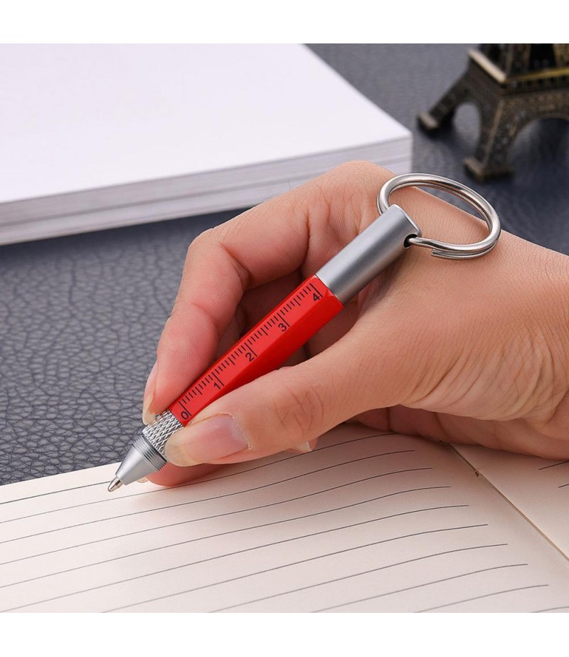 Practical Retro Metal Multifunctional 6 in 1 Screwdriver Ballpoint Pen Touch Screen Capacitive Pen Keychain with Ruler -  Red