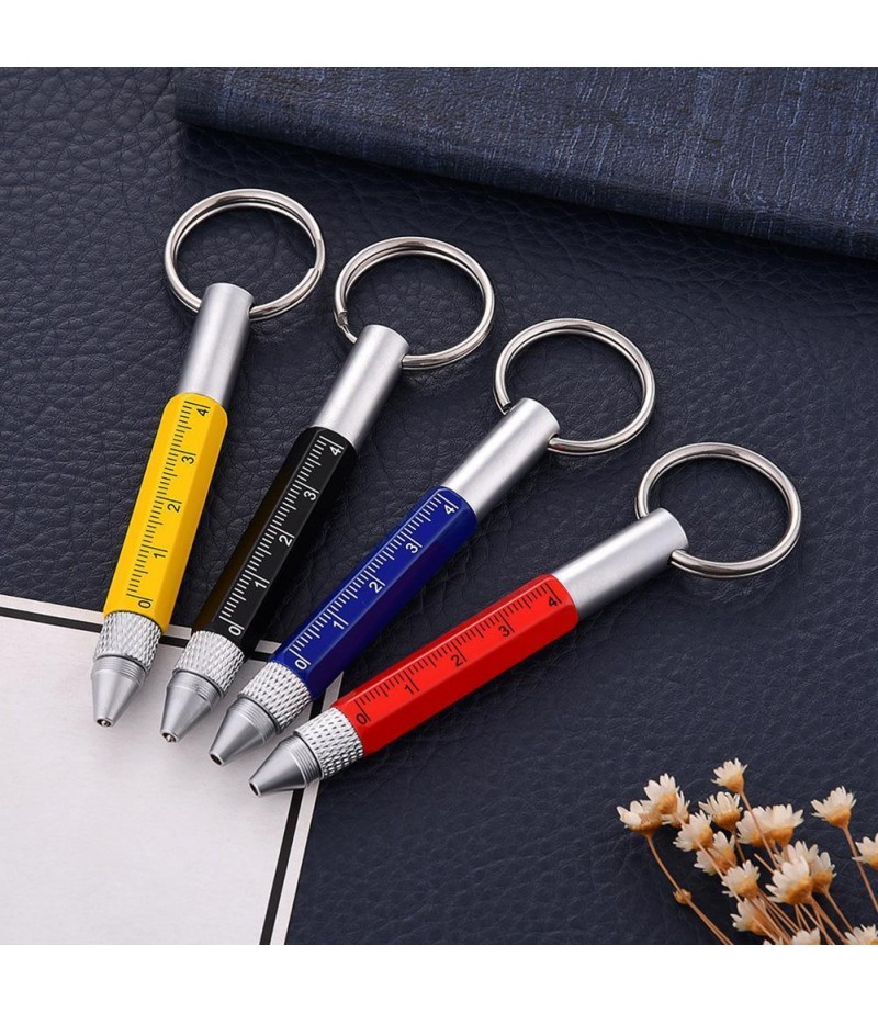 Practical Retro Metal Multifunctional 6 in 1 Screwdriver Ballpoint Pen Touch Screen Capacitive Pen Keychain with Ruler -  Red