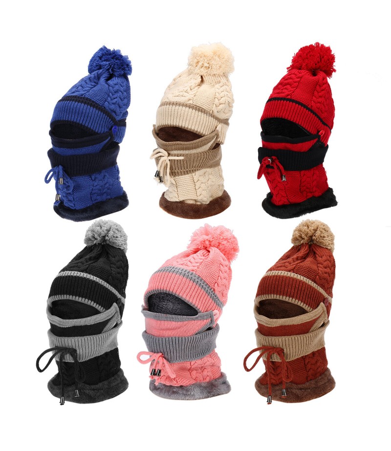 4PCS / Set Winter Thicken Warm Windproof Women Touch Screen Gloves + Neckerchief Scarf + Knitted Pompom Beanie Hat Cap with Fluf