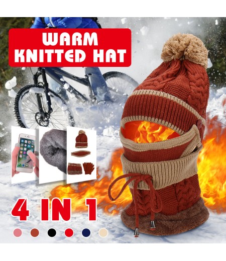 4PCS / Set Winter Thicken Warm Windproof Women Touch Screen Gloves + Neckerchief Scarf + Knitted Pompom Beanie Hat Cap with Fluf
