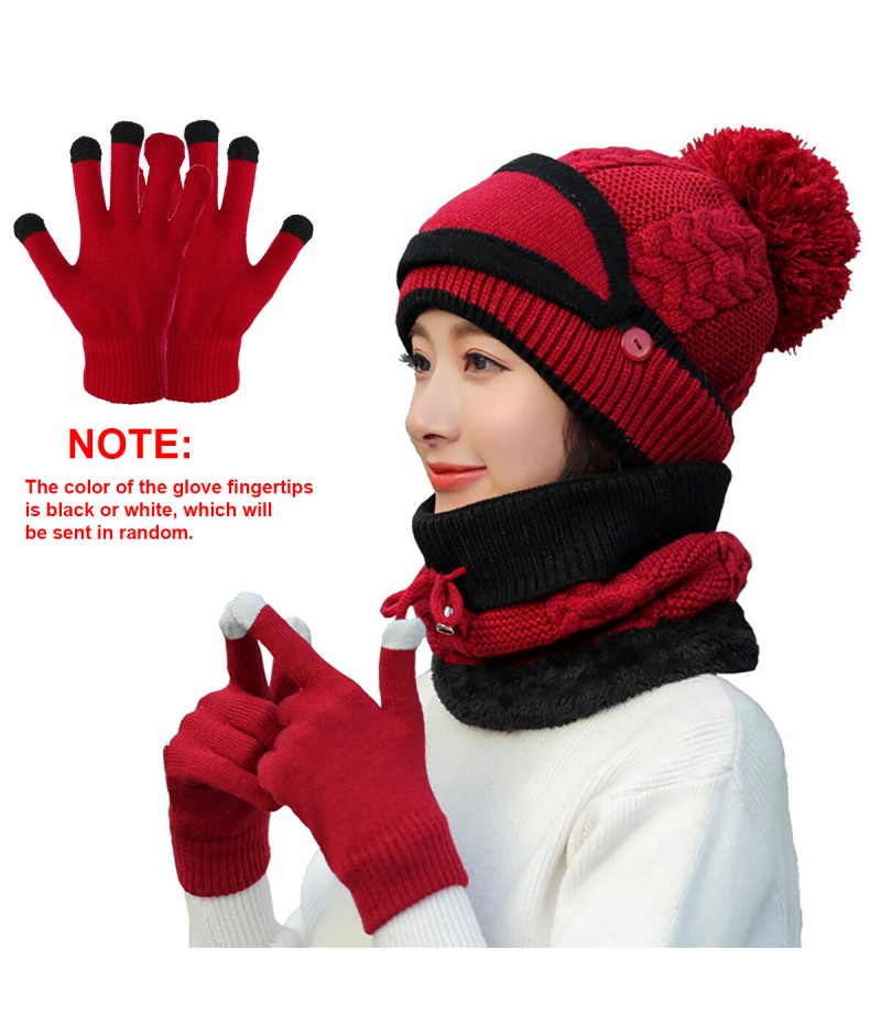 4PCS / Set Winter Thicken Warm Windproof Women Touch Screen Gloves + Neckerchief Scarf + Knitted Pompom Beanie Hat Cap with Fluf