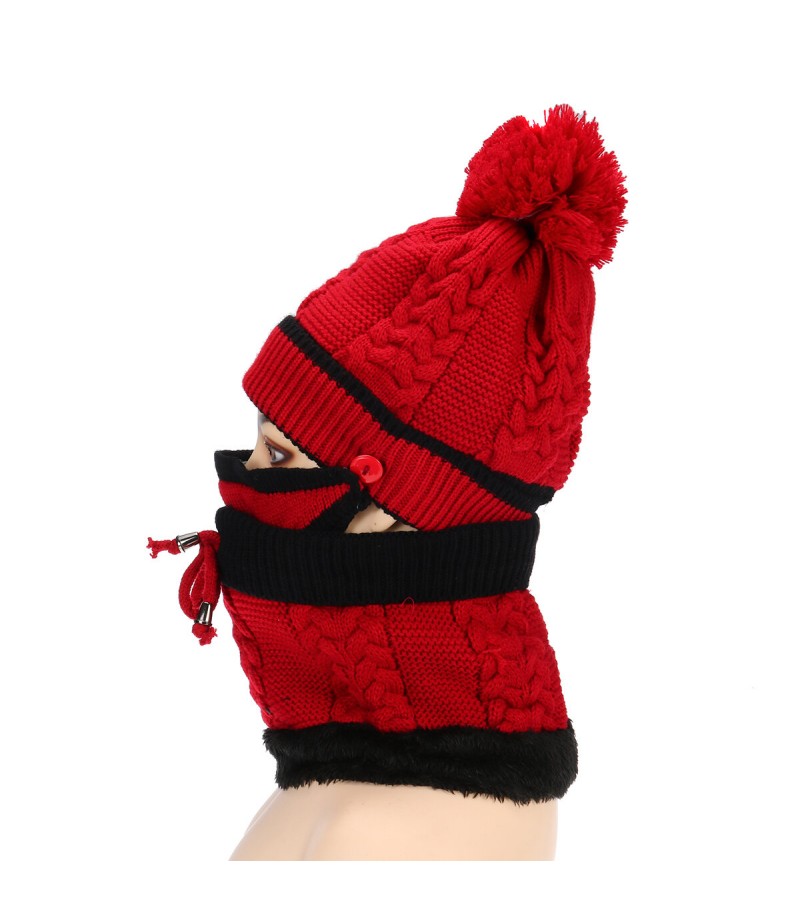 4PCS / Set Winter Thicken Warm Windproof Women Touch Screen Gloves + Neckerchief Scarf + Knitted Pompom Beanie Hat Cap with Fluf
