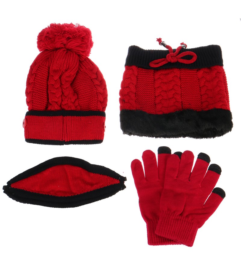 4PCS / Set Winter Thicken Warm Windproof Women Touch Screen Gloves + Neckerchief Scarf + Knitted Pompom Beanie Hat Cap with Fluf