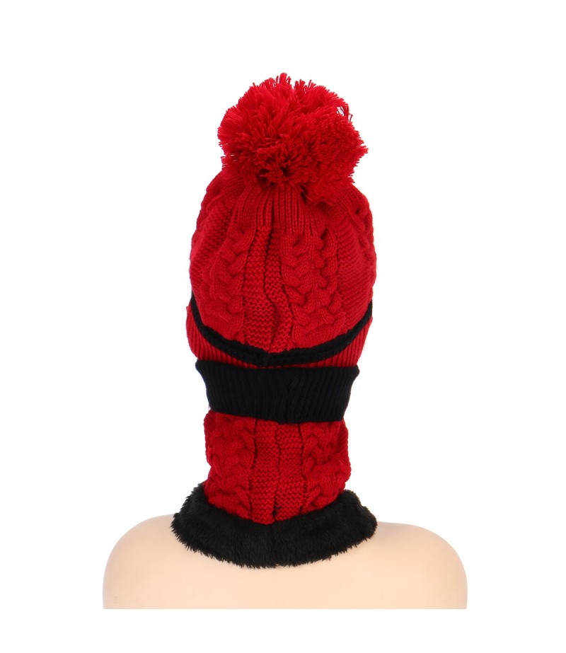4PCS / Set Winter Thicken Warm Windproof Women Touch Screen Gloves + Neckerchief Scarf + Knitted Pompom Beanie Hat Cap with Fluf