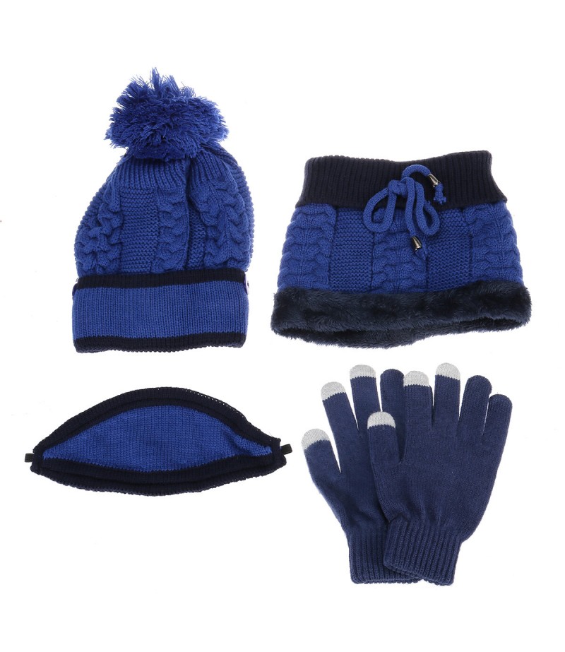 4PCS / Set Winter Thicken Warm Windproof Women Touch Screen Gloves + Neckerchief Scarf + Knitted Pompom Beanie Hat Cap with Fluf