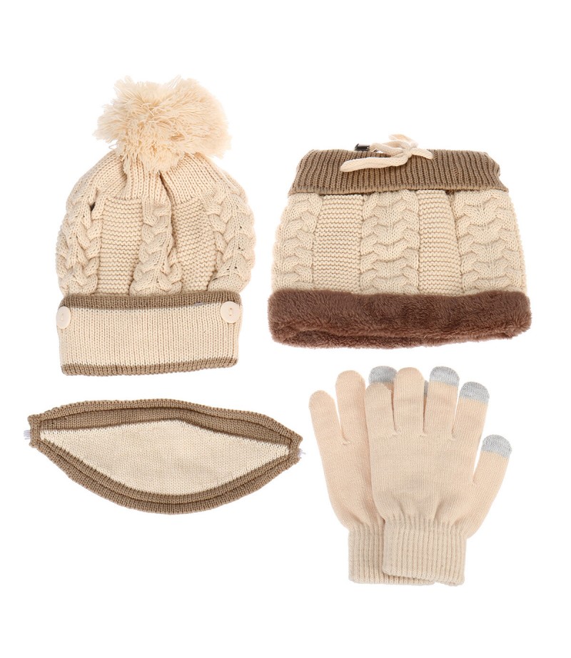 4PCS / Set Winter Thicken Warm Windproof Women Touch Screen Gloves + Neckerchief Scarf + Knitted Pompom Beanie Hat Cap with Fluf