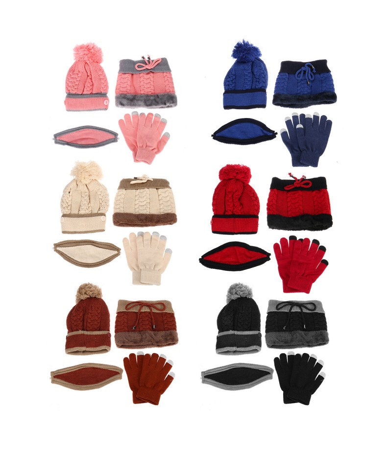 4PCS / Set Winter Thicken Warm Windproof Women Touch Screen Gloves + Neckerchief Scarf + Knitted Pompom Beanie Hat Cap with Fluf