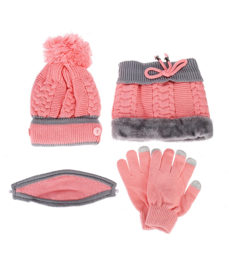 4PCS / Set Winter Thicken Warm Windproof Women Touch Screen Gloves + Neckerchief Scarf + Knitted Pompom Beanie Hat Cap with Fluf