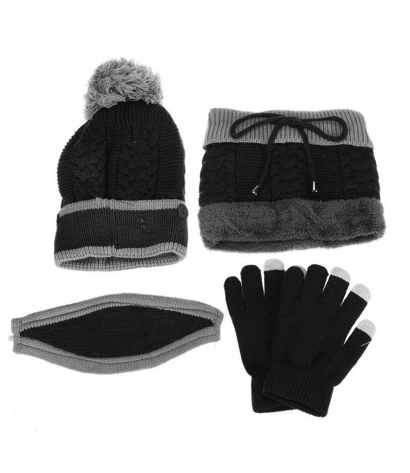 4PCS / Set Winter Thicken Warm Windproof Women Touch Screen Gloves + Neckerchief Scarf + Knitted Pompom Beanie Hat Cap with Fluf