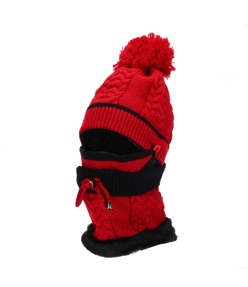 4PCS / Set Winter Thicken Warm Windproof Women Touch Screen Gloves + Neckerchief Scarf + Knitted Pompom Beanie Hat Cap with Fluf